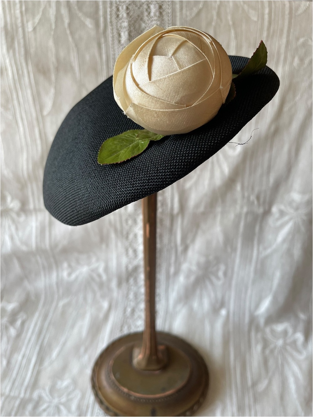 Vintage Black Straw Half Hat Millinery Fascinator Ribbon Rose Accent